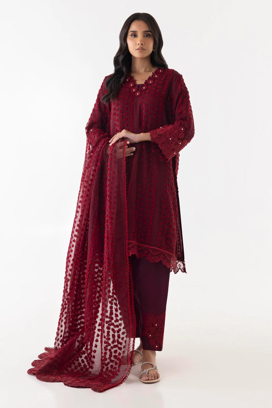 Stitched Maroon Embroidered Shirt + Shalwar + Dupatta