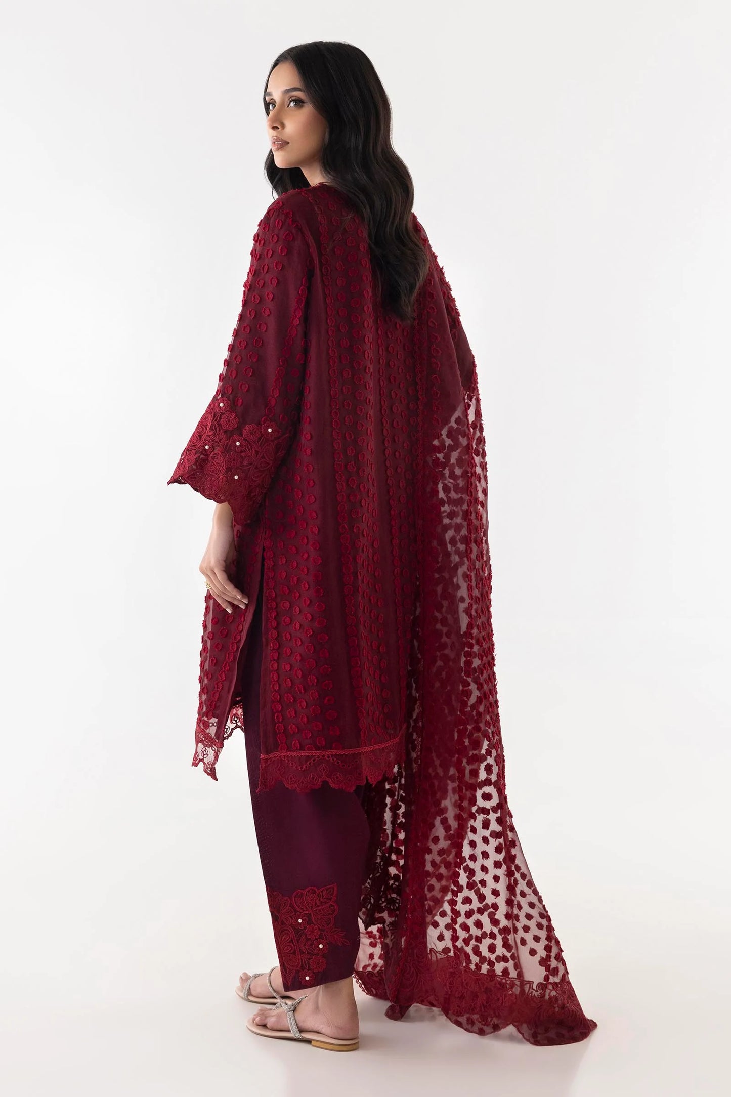 Stitched Maroon Embroidered Shirt + Shalwar + Dupatta