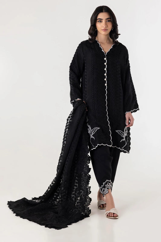 Stitched Black Embroidered Shirt + Shalwar + Dupatta