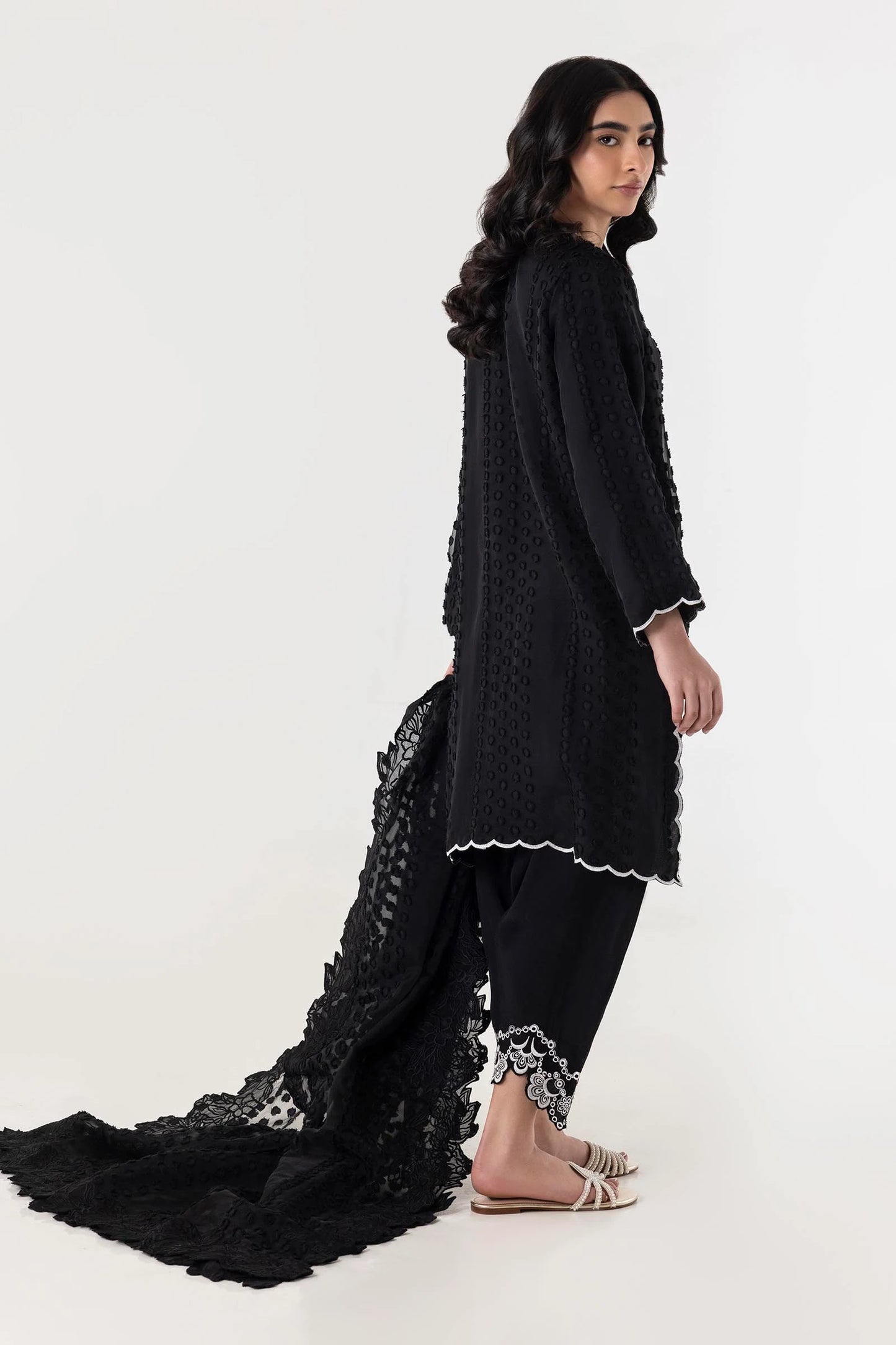 Stitched Black Embroidered Shirt + Shalwar + Dupatta