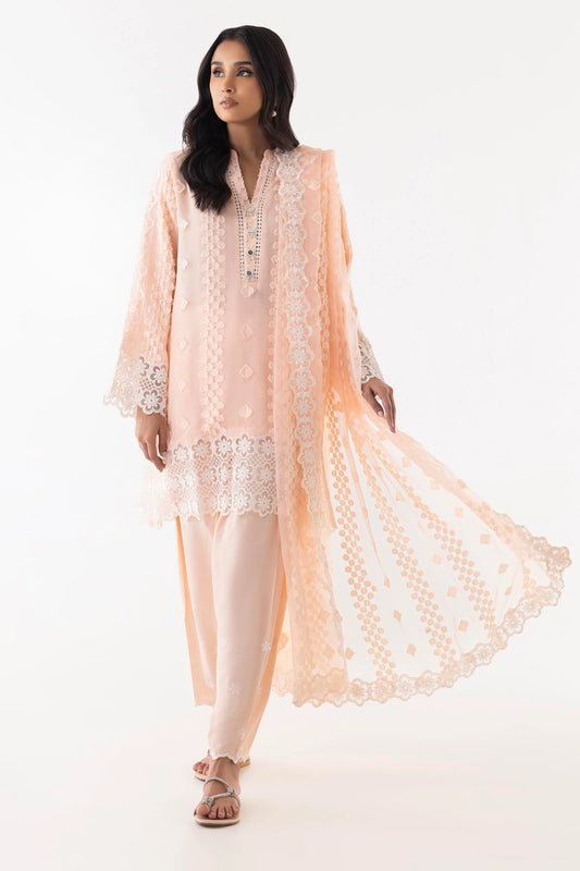 Stitched Peach Embroidered Shirt + Shalwar + Dupatta