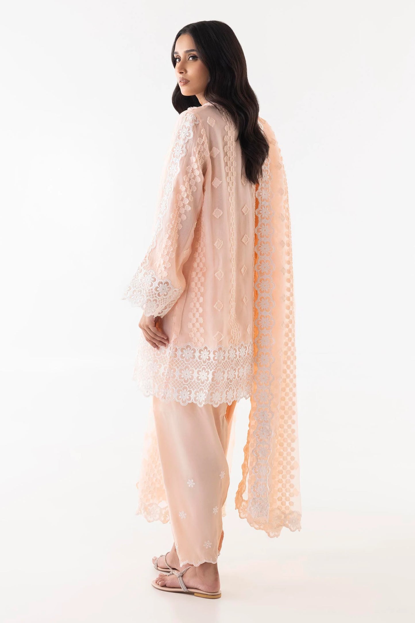 Stitched Peach Embroidered Shirt + Shalwar + Dupatta